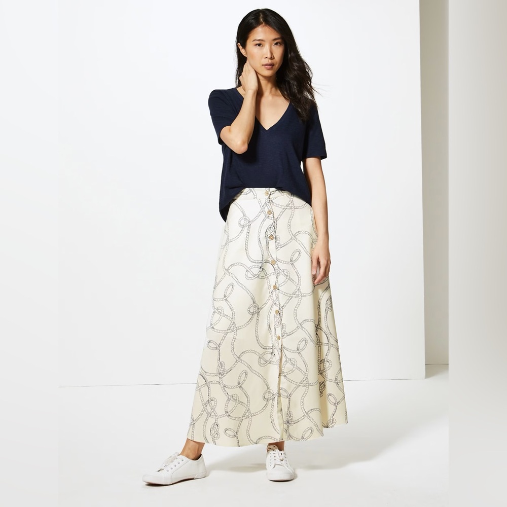 M&S COLLECTION ROPE Printed Button Detailed A-Line Maxi Skirt NEW US 12